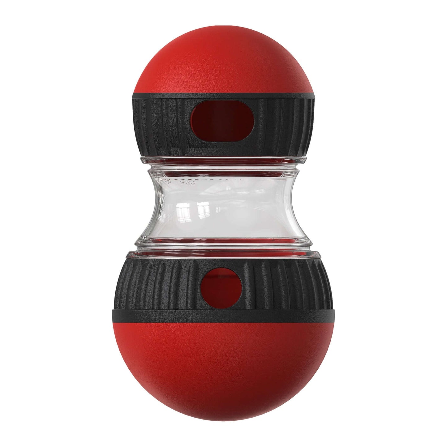 Interactive dog food dispensing toy in red and black, designed for engaging play and dispensing treats.