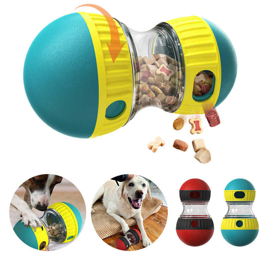 Interactive dog food dispensing toy with colorful design, featuring treats and dogs playing with it.